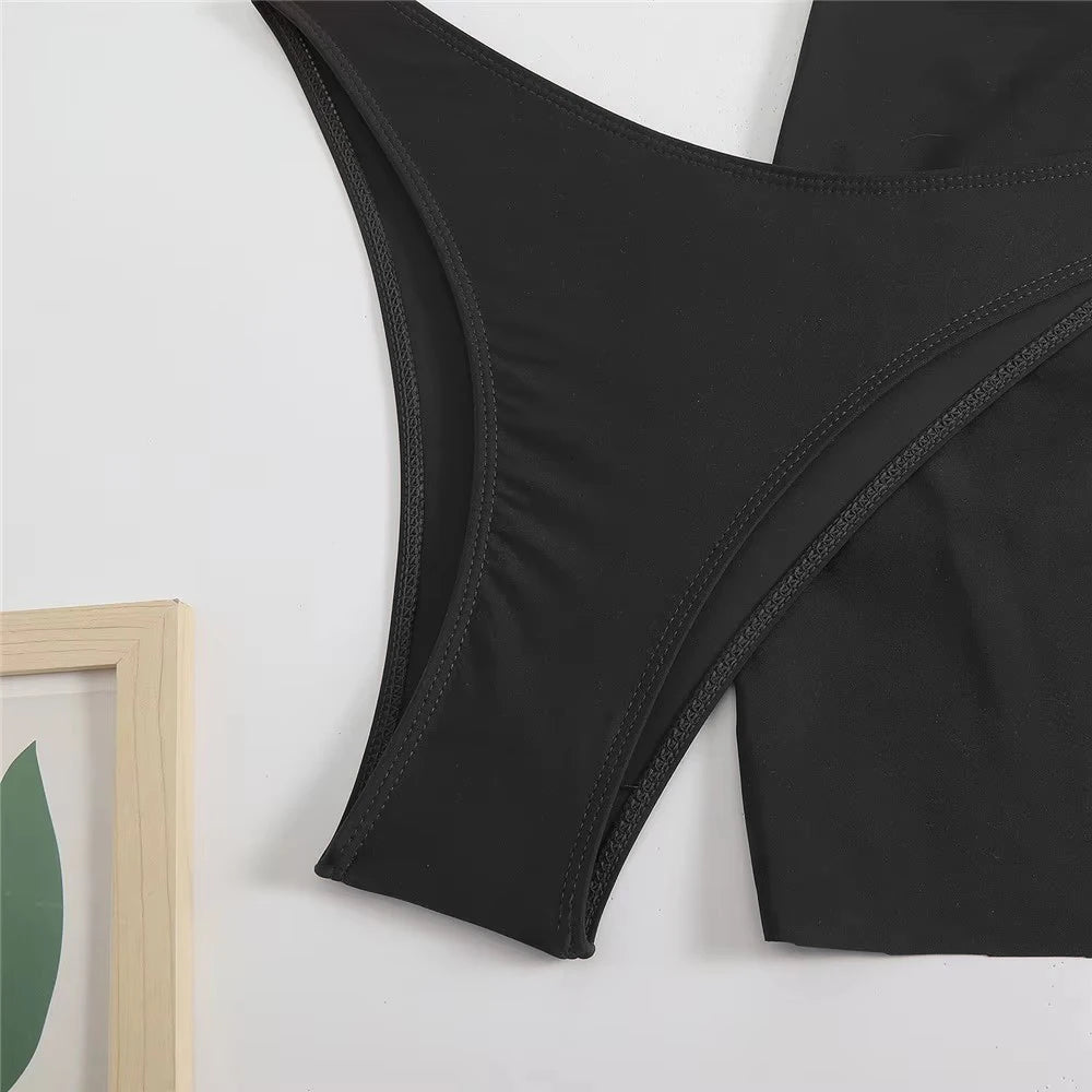 Metal Ring Sexy Swimsuit Cover Ups Bandeau Bikinis Sets 3 Pieces Solid Black Swimwear Women 2025 High Cut Bather Bikini Donna