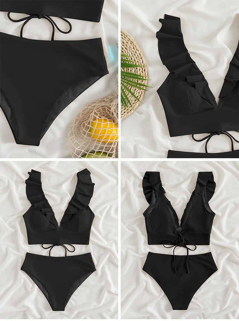 Solid Color Sexy V-neck Ruffle Bikini 2024 Women 2 Piece Swimwear Push Up Padded High Waist Swimsuit Summer Beach Bathing Suit