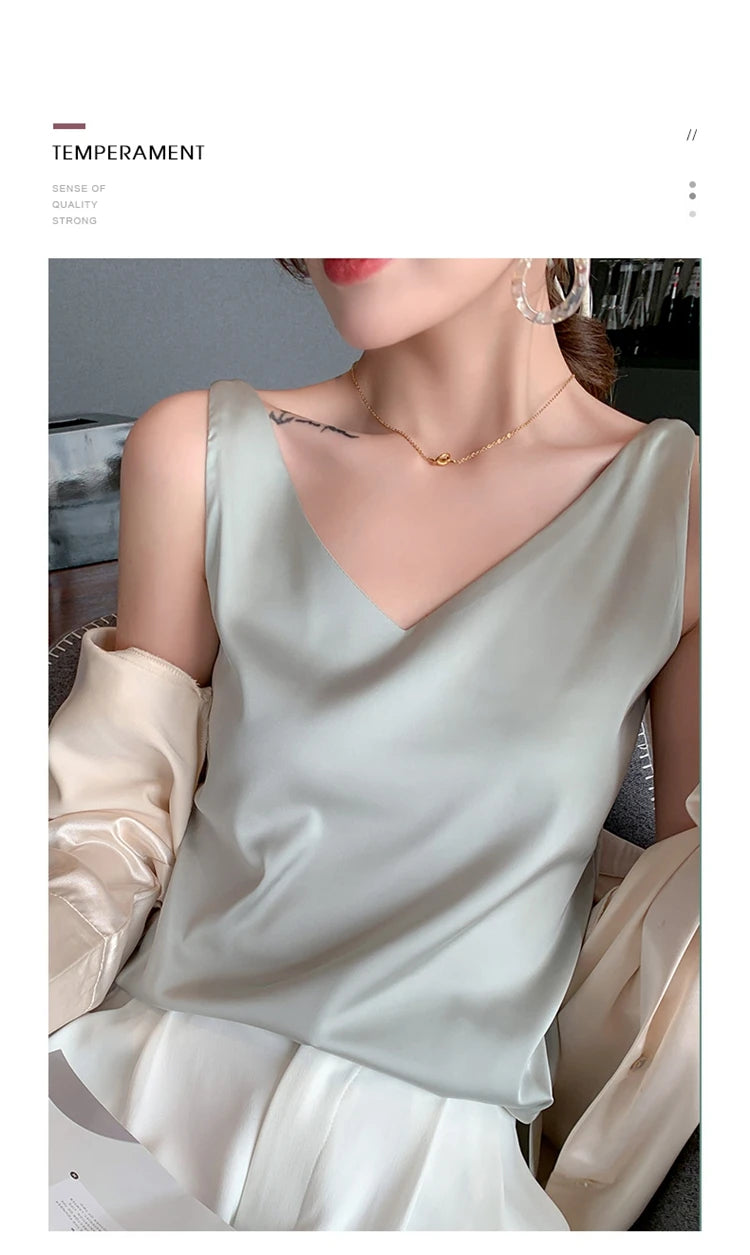 Women's New Four Seasons Inner Wear Silk Suspenders 2022 V-Neck Solid All-Match Satin Vest Soft Loose Thin Lady Sleeveless Tops