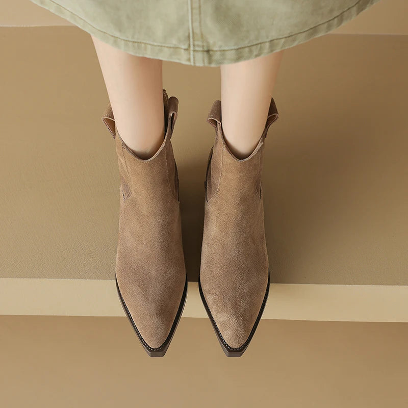 2025 Autumn Winter Trend Cow Suede Women Western Boots Black Brown Khaki Purple Green Burgundy Pointed Toe Ladies Ankle Boots