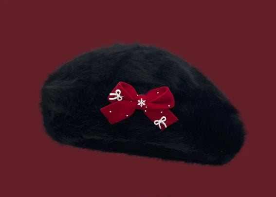 Autumn and Winter Elegant Pearl Plush Beret Japanese Style Handmade Lolita Snowflake Love Heart Bow Tie White Hat for Women Caps