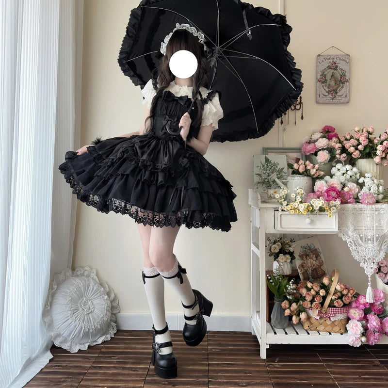 Original Design New Summer Lolita Dress Women's Sweet Flower Wedding Lace Bowknot JSK Sling Dress Black and White Princess Dress
