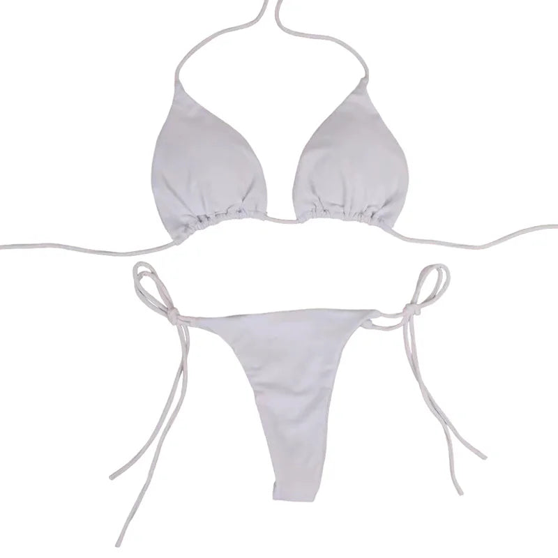 Solid Color Tie-Side G-String Bikini Set Breathtaking Bathing Suit with Feminine Bandage Design Sexy Brazilian Bikini Beachwear