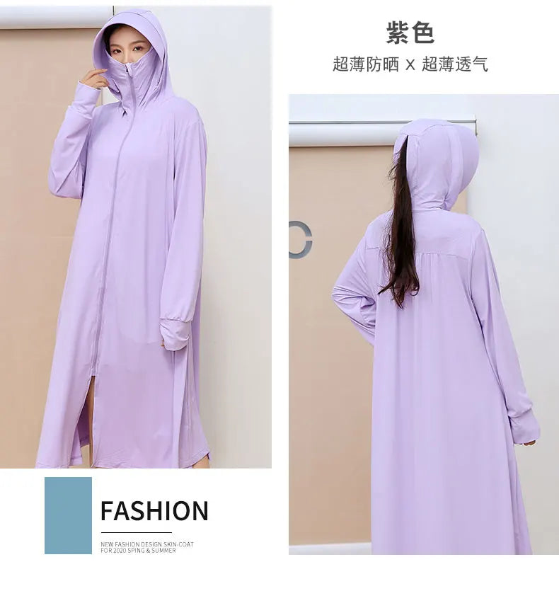 Sunscreen Sun Protection Long Coat Hooded Washable Ruffles Adjustable Waist Beach Anti-UV Dress For Women UPF50+ Long Coat 5XL