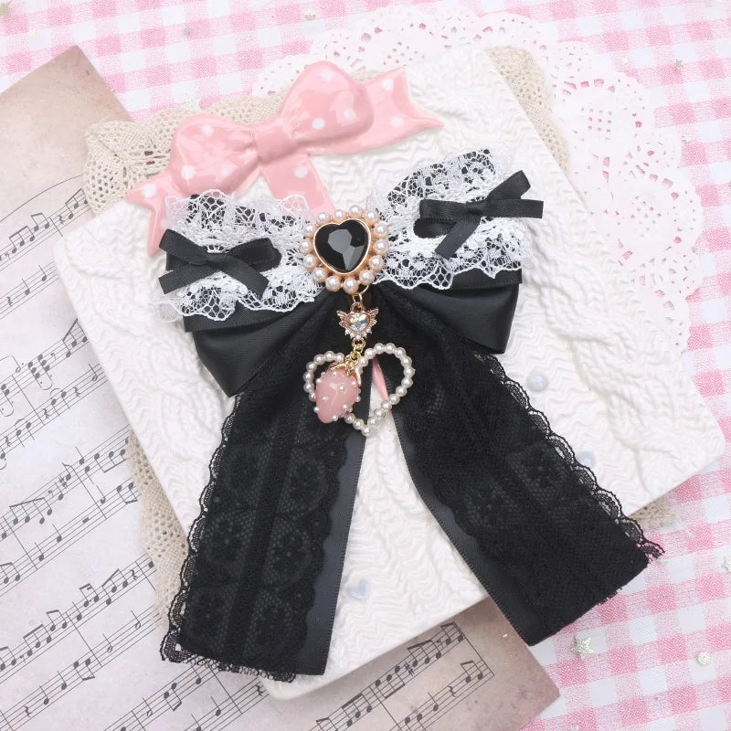Lolita Style Hairclips Y2K Girl Handmade Bow Lace Ribbon Bowknot Hair Clip with Strawberry Heart Accessories Pendant