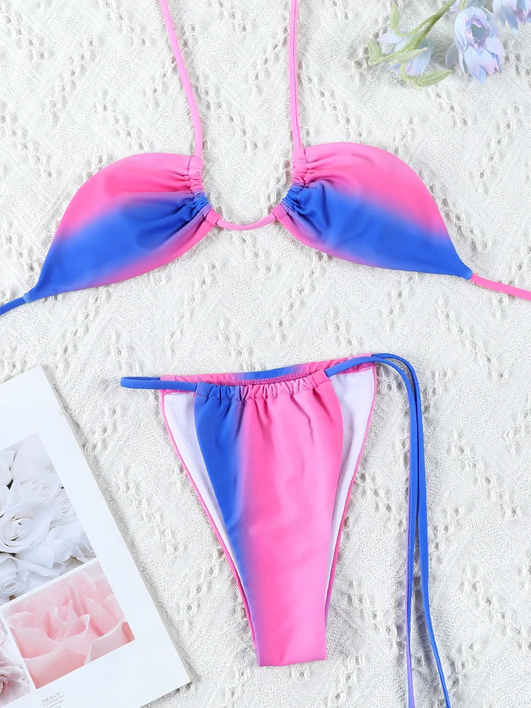 Print Bikini Set Tie Dye Bikinis Sexy Swimwear Women Block Color Adjust Bathing Suit High Quality Bandage Swimsuit Female