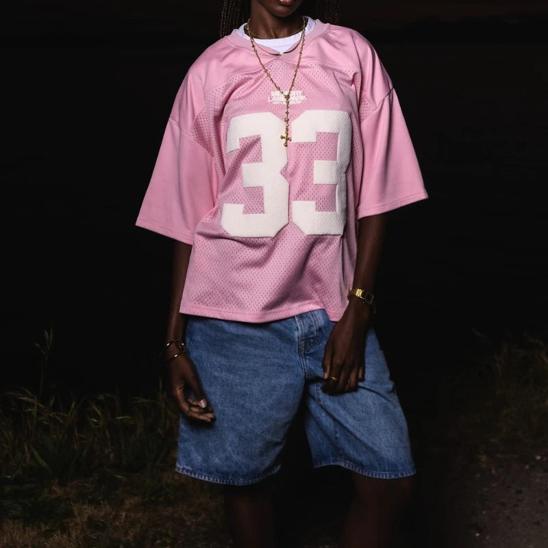 Retro new 33 letter printed mesh women sports and fitness patchwork Y2k men and women casual hip-hop T-shirt goth