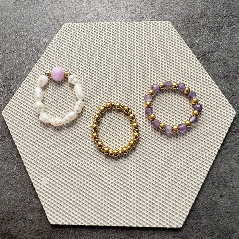 Boho Purple Tourmaline Ring Sets For Wedding Fashion Handmade Jewelry Freshwater Pearl Women Rings Stainless Steel