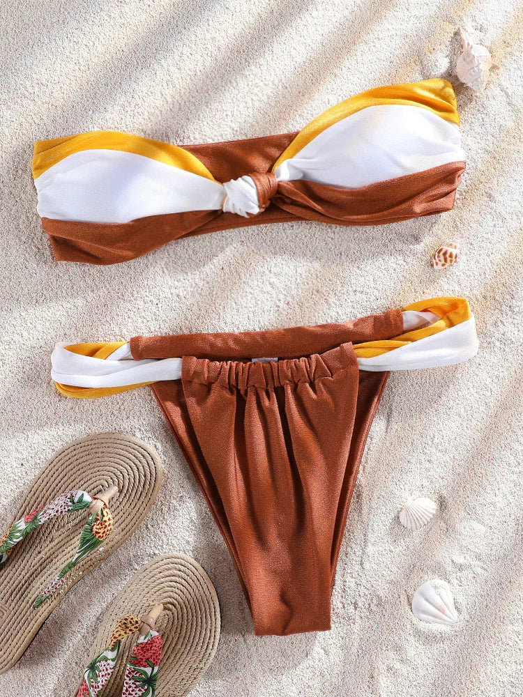 ZRTAK Beige Off Shoulder Solid  Swimsuit Push Up Bikinis 2025 Bathing Suit Sexy Bikini Sets Swimwear Mujer Beachwear Biquinis
