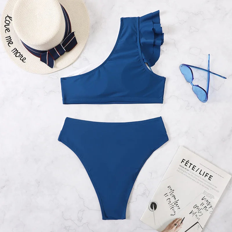 Sexy Bikini 2025 Women High Waist Ruffle Swimsuit Female One Shoulder Swimwear Bathers Bathing Swimming Suit Summer Beachwear