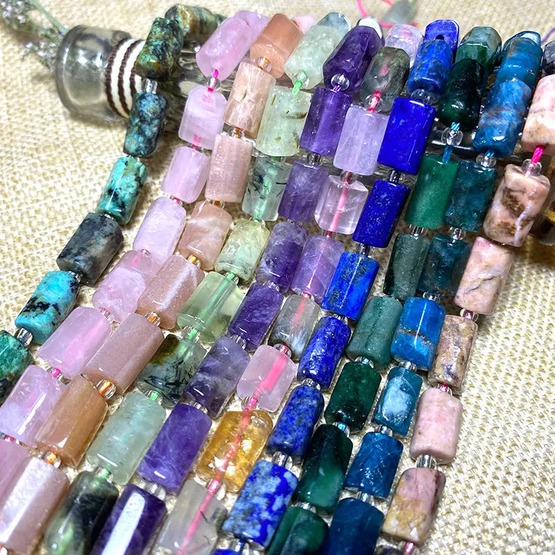 Natural Tourmaline Apatite Emerald Agates Amethysts Jades Cylinder Stone Spacer Beads for Jewelry Making DIY Bracelet 7.5inch