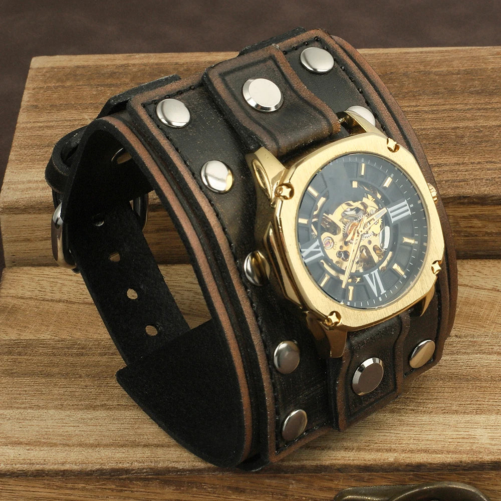 Vintage Punk Leather Cuff Strap 20mm Men's Wrist Watch Band with Mat Double Buckle Rivet Watchband Bracelet Watches Accessories