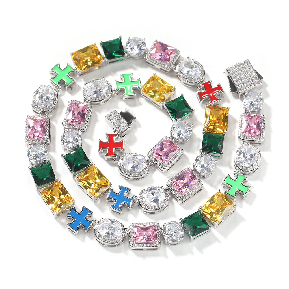 TBTK Colorful Gem Necklace Multi Color Oil Chain Iced Out 5A+ Colorful Cubic Zircon Luxury Bracelet Necklace Hiphop Jewelry