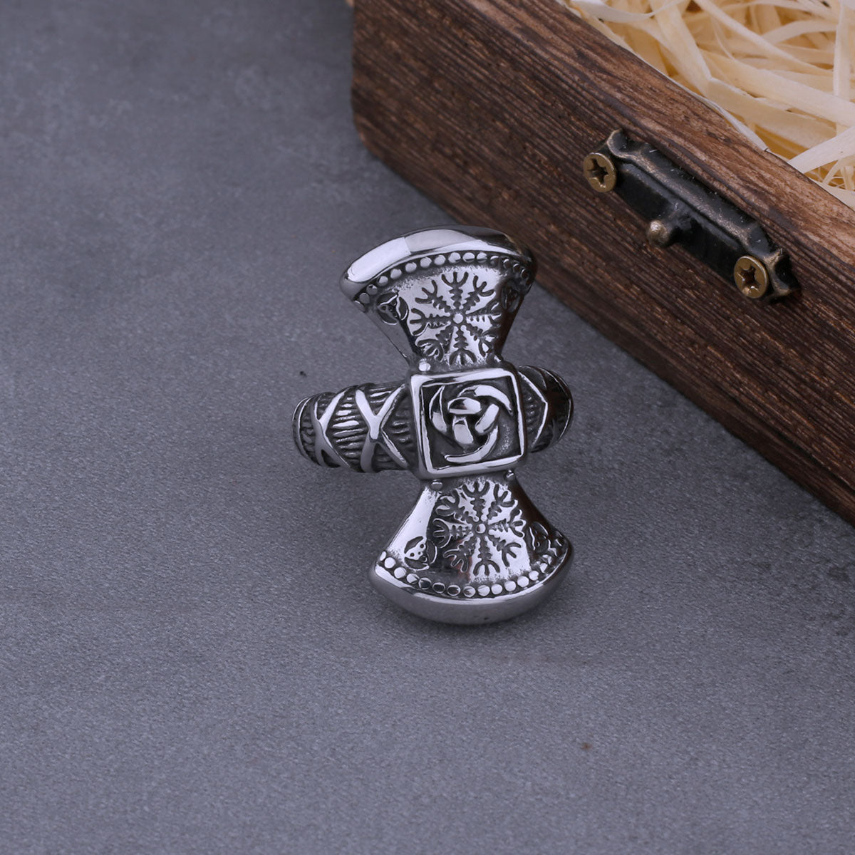 New Viking Double Axe and Road Sign Compass Ring Ring Men's Vintage Celtic Knot Amulet Ring 316L Stainless Steel Jewelry Gift