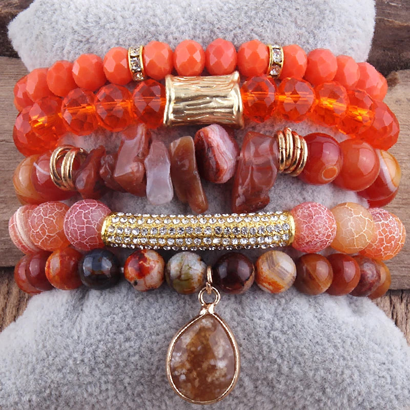 Fashion Beaded Boho Bracelet 5pc Green Natural Stone /Glass Stack Bracelet Sets For Women Boho Jewelry Gift