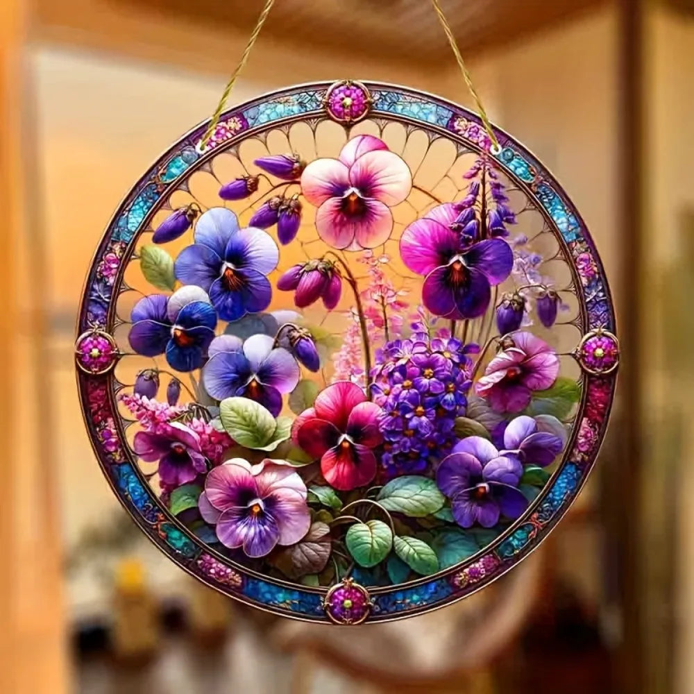 Flower Suncatcher, Stained Window Hanging, Acrylic Sign, Winter Decor, Round Sign, Wreath Sign, Wreath Center, Christmas Gift