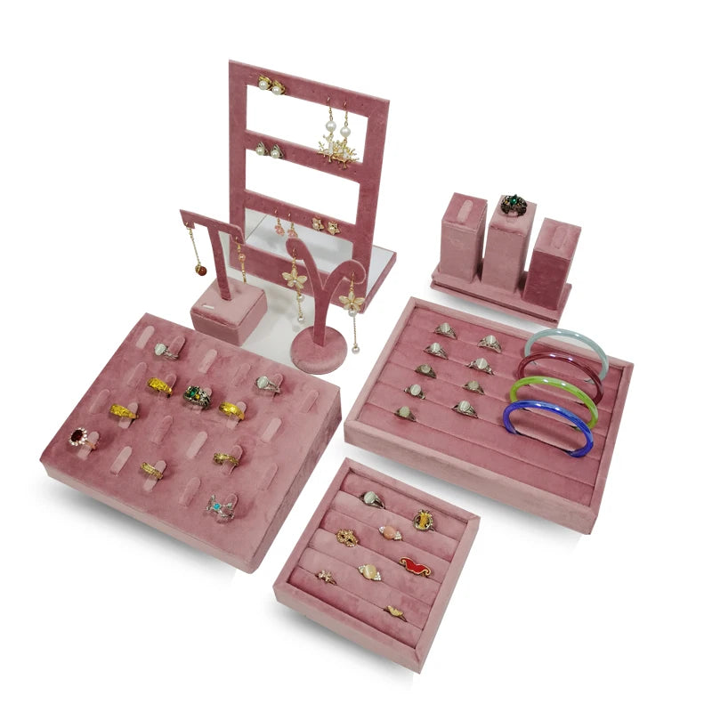 High End Pink Velvet Jewelry Display Props Ring Earrings Holder Necklace Bracelet Tray Organizer Jewelry Store Window Display