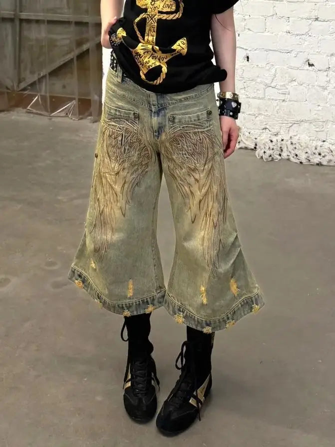 Summer Women Goblin Core Tomboy Y2K Embroidery Jorts 2000s Denim Shorts Japanese Harajuku Jean Pants Grunge Cyber Punk Hip-pop