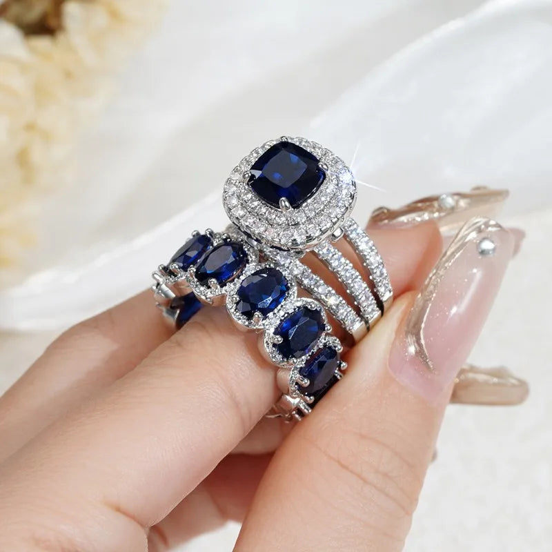 2pcs Luxury Jewelry Trendy Set Rings for Women Dark Blue Pink Cubic Zirconia Rings Gorgeous Wedding Accessories Eternity Jewelry