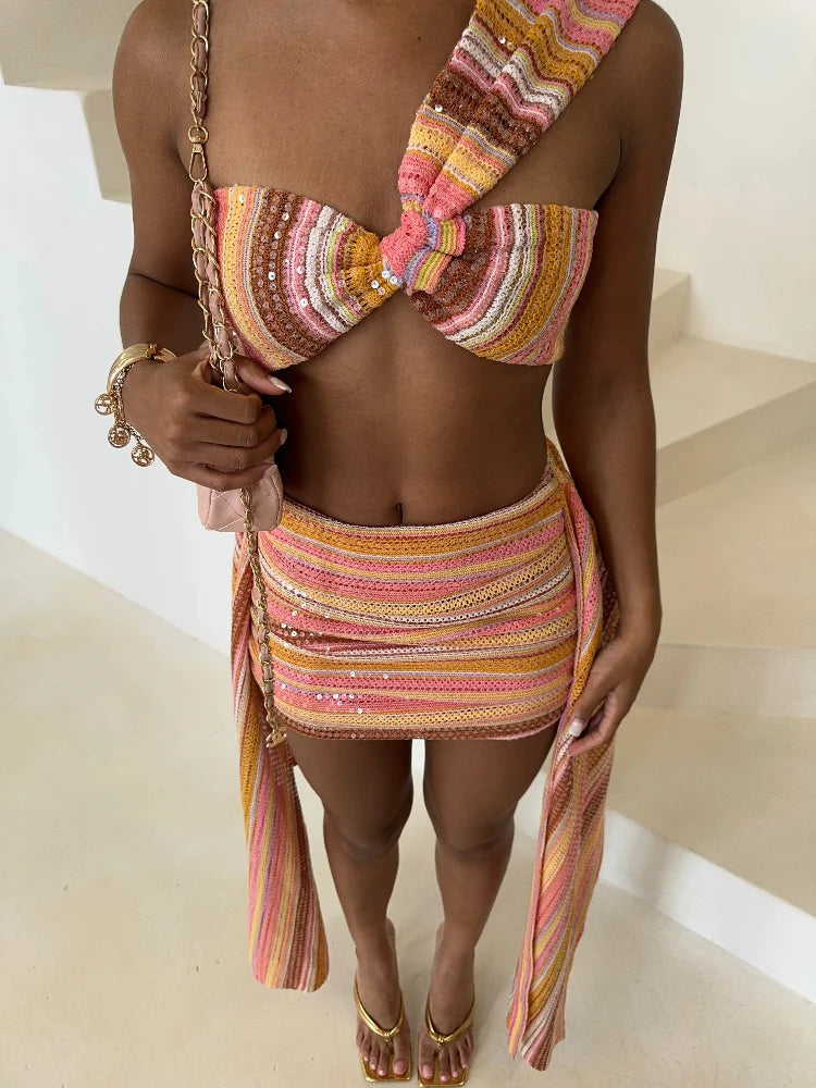 Knit Sequin Sexy One Shoulder Skirt Women Set colorful Crop Top Draped Mini Skirts Slim Bodycon 2 Pieces Sets Lady beachwear