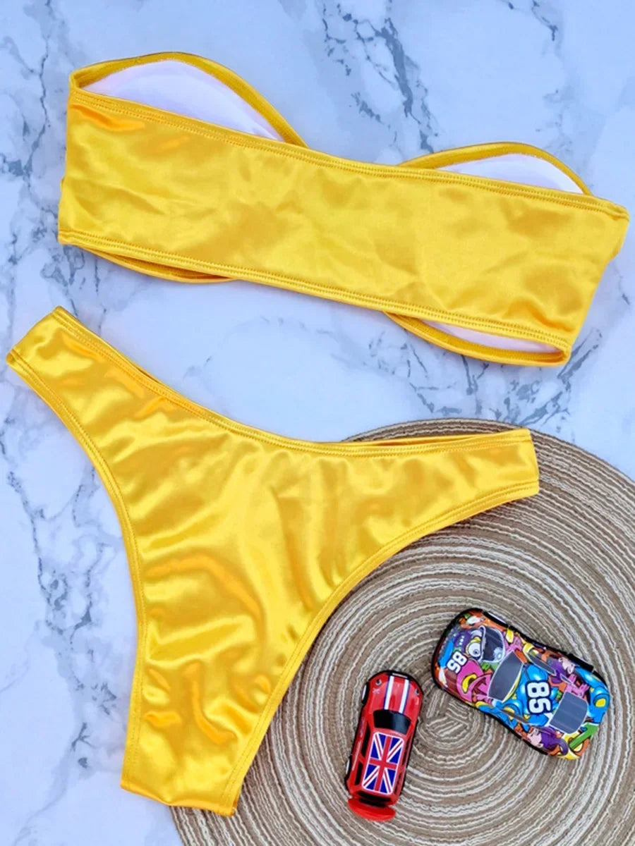 Shiny Bandeau Bikinis 2025 Strapless Bikini Female Swimsuit Women Swimwear Two-pieces Bikini Set High Cut Bathing Suit Swim Lady
