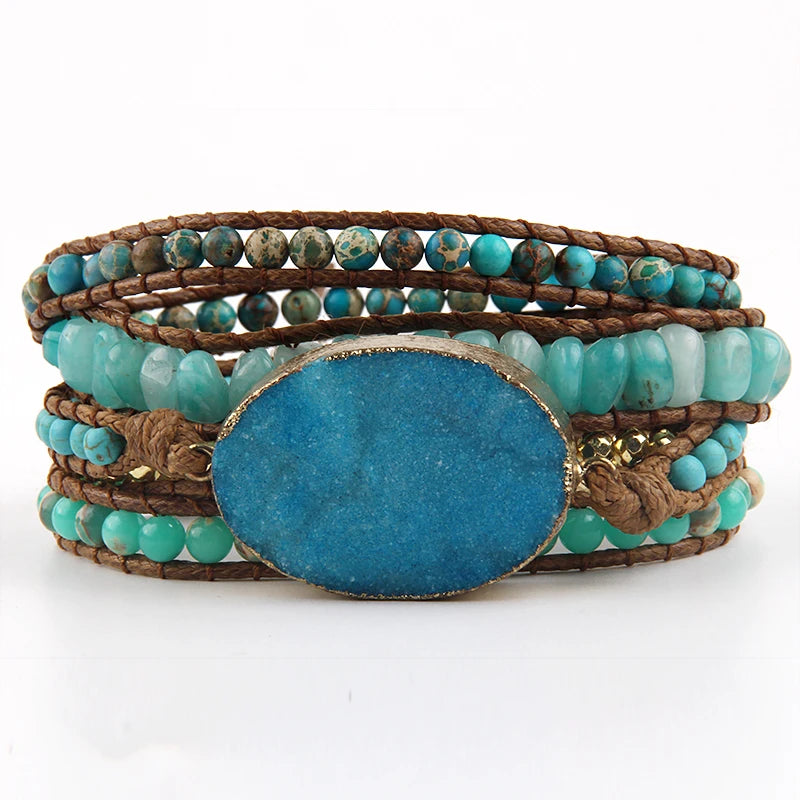 Fashion Bohemian Jewelry Bracelet Mixed Natural Stones Multicolor Big Druzy Charm Handma Wrap Bracelets Gift