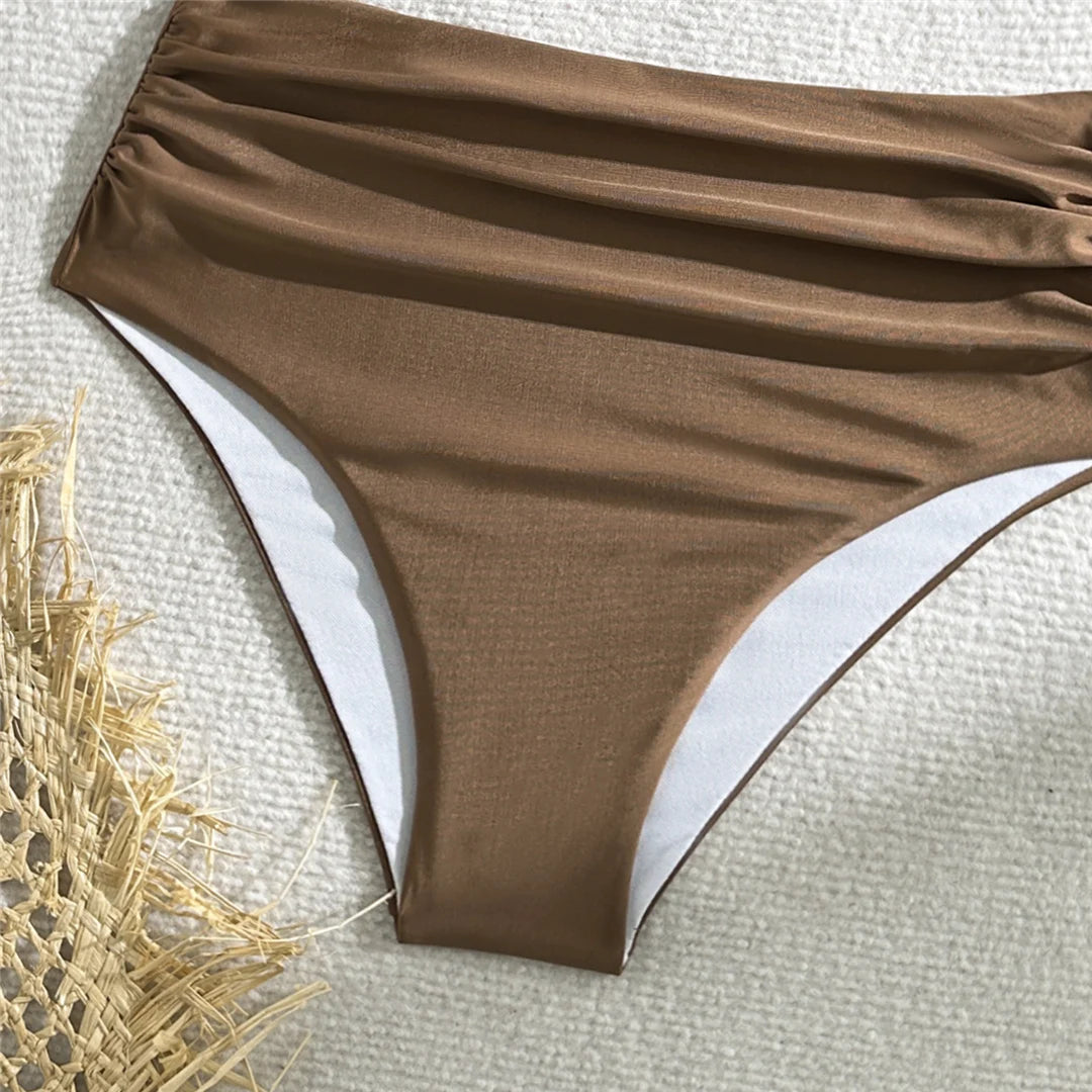 New Wrinkled One Shoulder High Waist Bikini Female Swimsuit Women Swimwear Two-pieces Bikini set Bather Bathing Suit Swim V5857