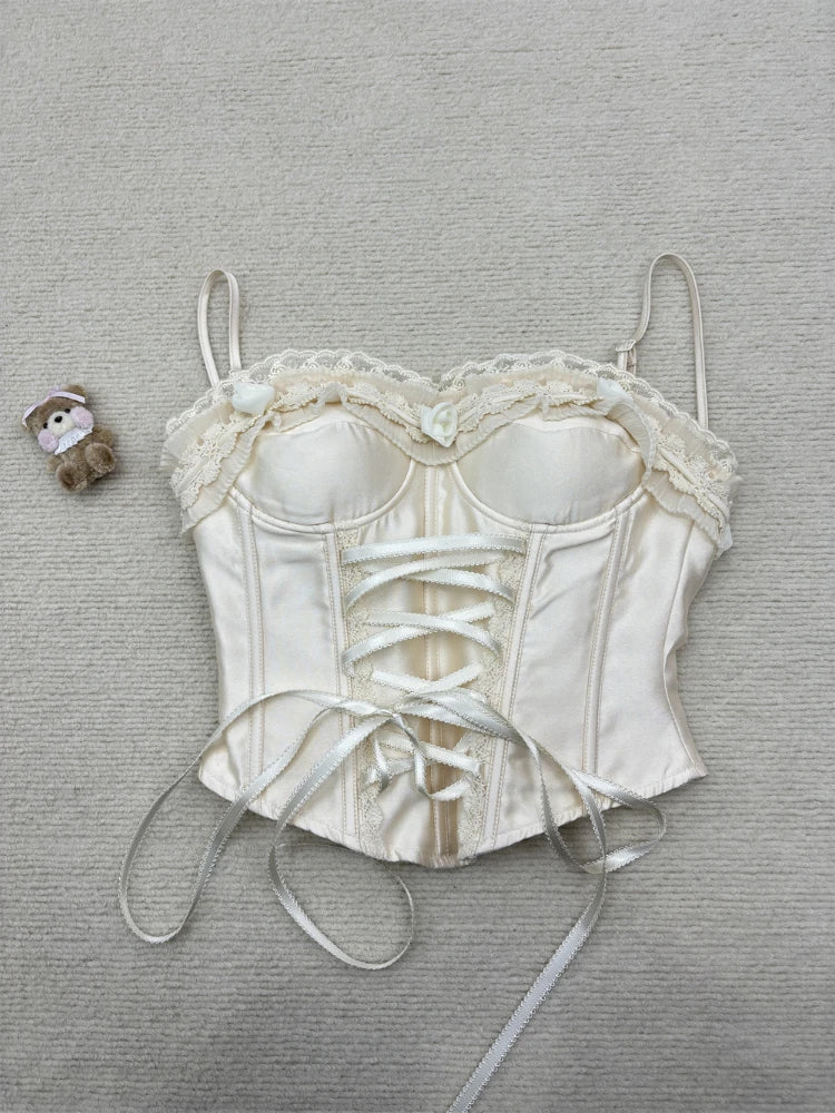 French Elegant Sexy 2 Piece Sets Womens Outifits Y2k Strapless Lace Design Tops+ High Waist Chic Skirt Female Korean Fashion New