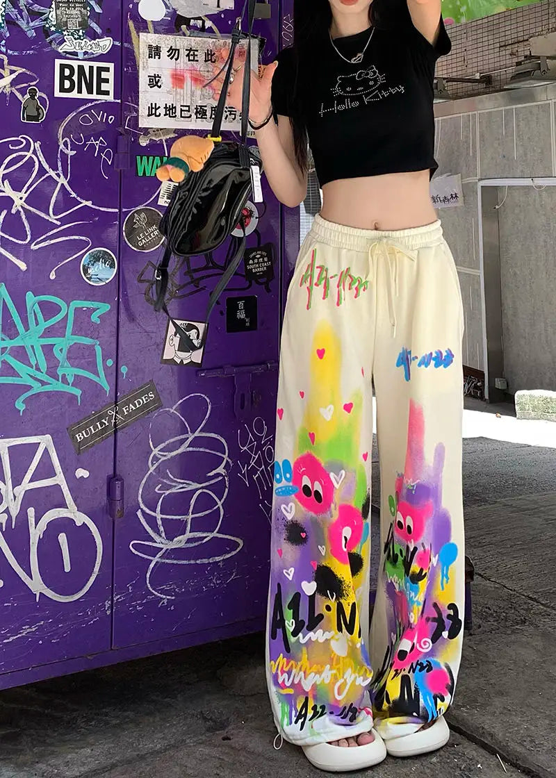 Kawaii Cute Dopamine Graffiti Casual Pants Women Tie Dye Summer Elastic High Waiste Drawstring Pockets Loose Wide Leg Trousers