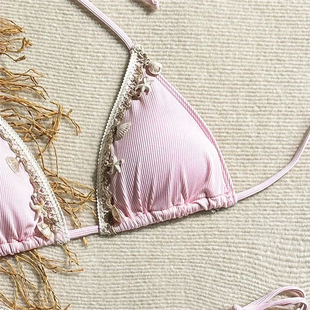 Shell Decoration Swimwear String Halter Bikinis Sets Micro Thong Sexy Swimsuit Women 2025 Bathing Suit Purple Triangle Bikini