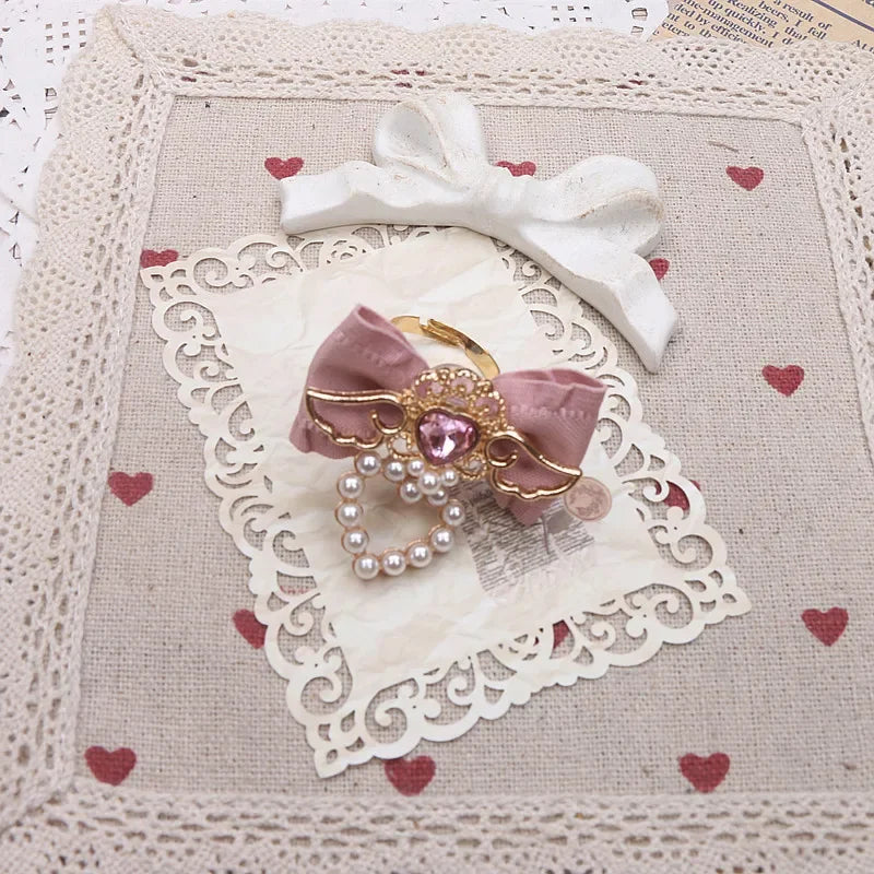 Handmade Rojita Japanese Style Elegant Sweet Cute Rings Rhinestone Ruffled Bow Soft Girl Ring Fashion Rolita Rings for Women