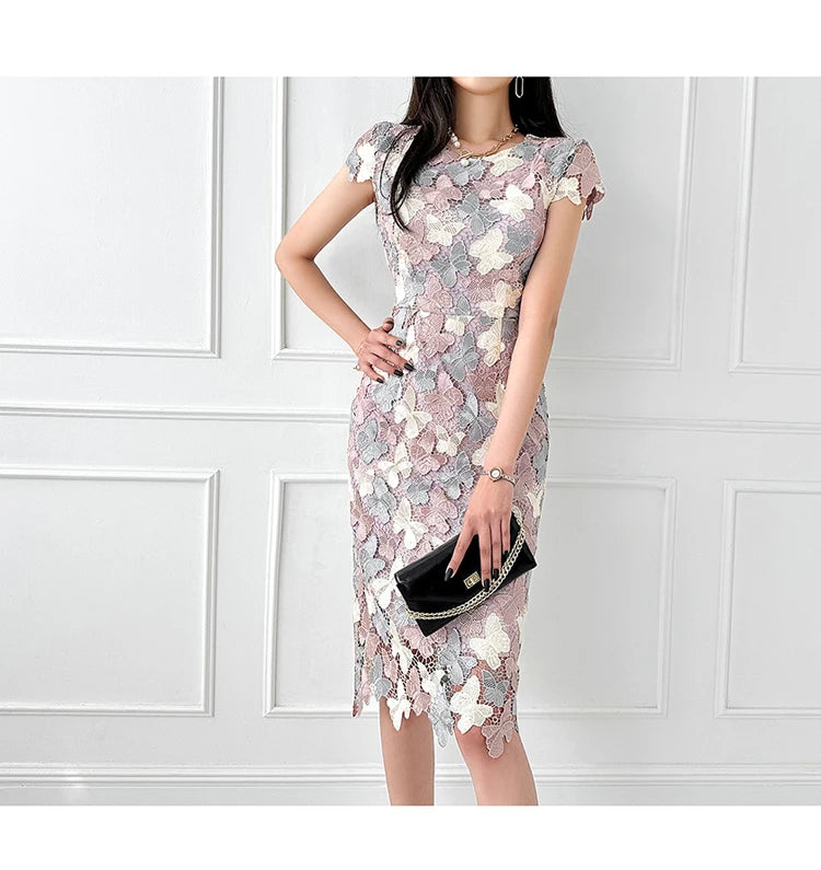 H Han Queen Summer Elegant Chic Lace Dresses Women Korean Retro Vestidos Fashion Color Blocking Office Party Casual Dress