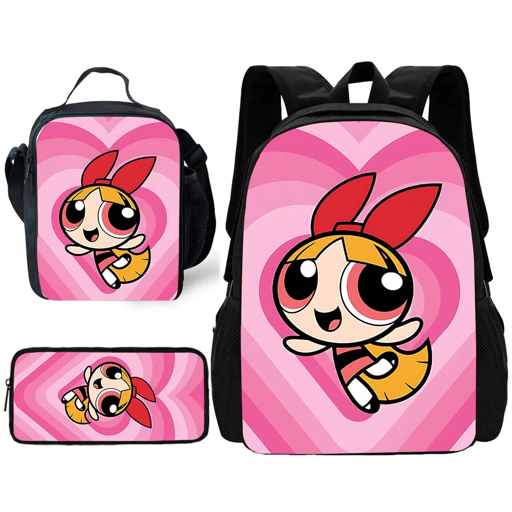 Cute P-PowerpuffS Girls 3 pcs set Child School Backpack with Lunch Bags ,Pencil Bags ,School Bags for Boys Girls Best Gift