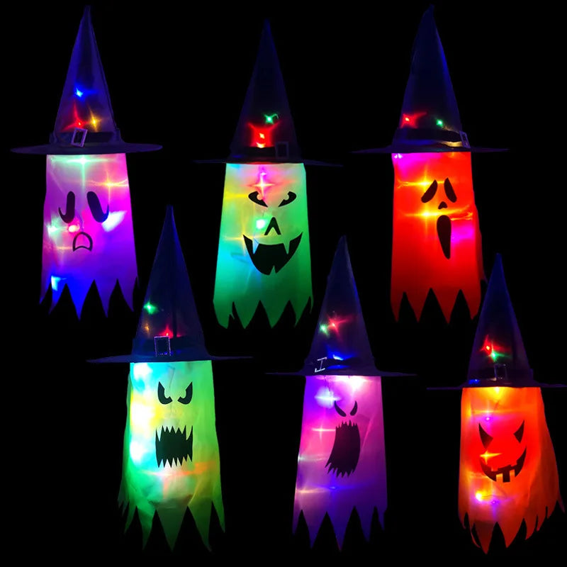 Halloween Courtyard Decorations LED Flashing Wizard Hat Lights Hanging Ghost Halloween Party Decorations Home Bars Horror Props
