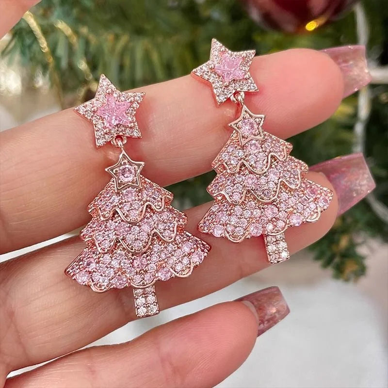 Shiny Pink Colorful Christmas Tree Zircon Crystal Earrings For Women Star Silver Color Stud Dangle Jewelry Xmas Party Gift