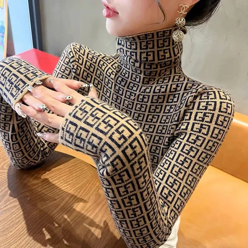 Autumn Winter Vintage Letter Thick Warm Commute Knitted Pullovers Women's Clothing Basic Turtleneck Soft Elastic Slim Sweaters