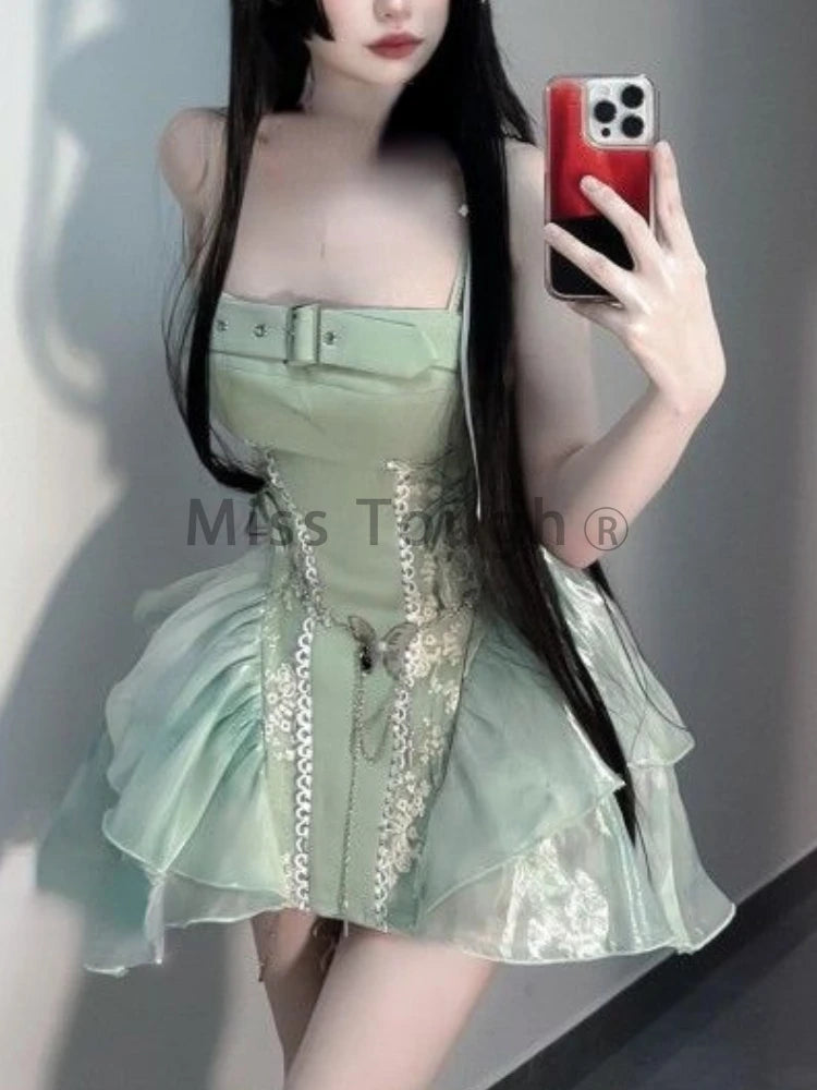 Summer Sweet Lace Sleeveless Dress Women Ruffle Cute Skinny Backless Dresses Female Strappy Kawaii A Line Party Beach Clothing