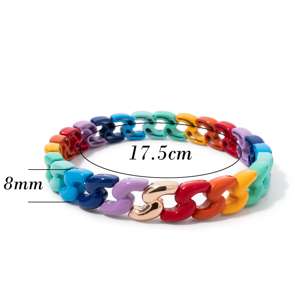 Rainbow Color Link Chain Shape Enamel Bracelets For Women Boho Beaded Bangle Accessory