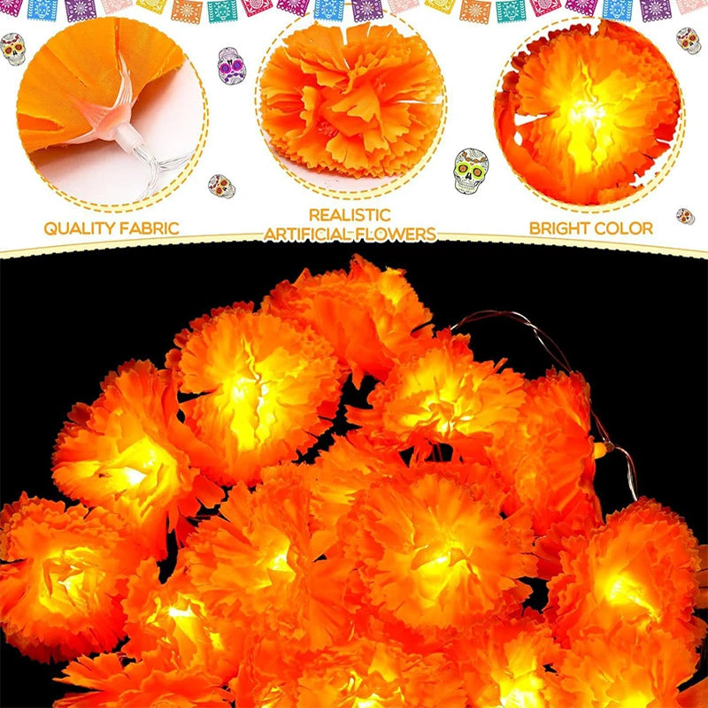Mexican Marigold Artificial Flowers Day Of The Dead Diy Home Outdoor Decor Halloween Diwali Party 1.5m Garland String Lights