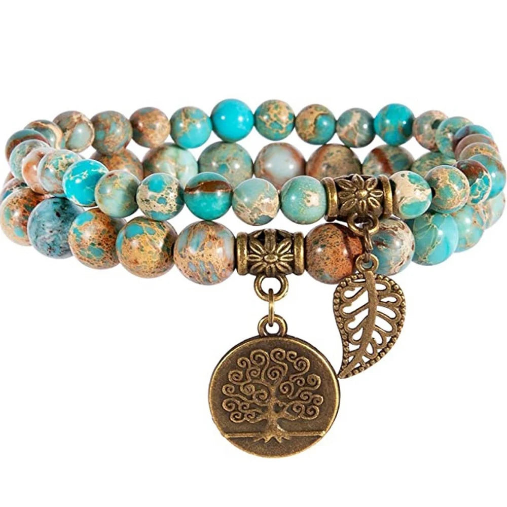 Natural Semi Precious Gemstone Beads Bracelet for Women Life Tree and Leaf Charm Energy Reiki Crystal Stretch Bracelets Jewelry
