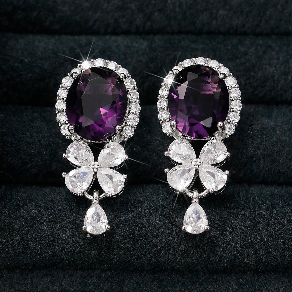 Huitan Gorgeous Purple Cubic Zirconia Dangle Earrings for Women Exquisite Birthday Gift Fashion Accessory Wedding Party Jewelry