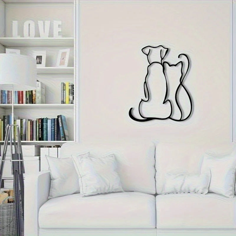 Exquisitely Handcrafted Metal Cat & Dog Wall Sculpture | Hollow Silhouette | Halloween & Christmas Gift, Indoor/Garden Decor