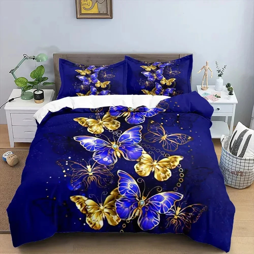3D Butterfly Flowers Duvet Cover Luxury Home Bedding Set 3 Piece Set with 2 Pillowcases Zipper Family Colleague Christmas Gift