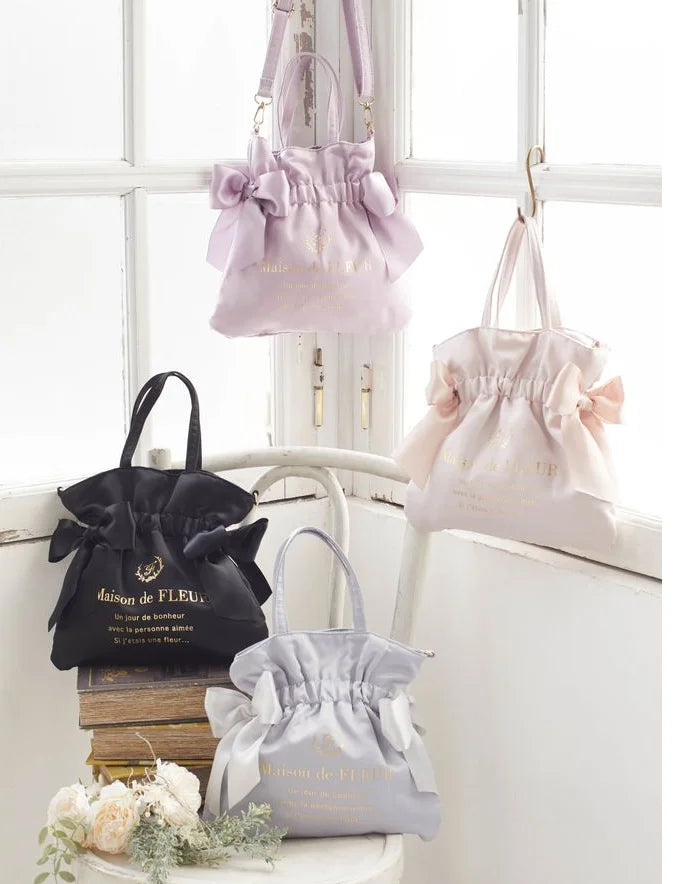 Japanese New Satin Double Bow Portable Shoulder Crossbody Women Bags with Long Shoulder Straps Sweet Letters Tote Bags