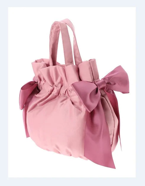 Japanese Style New Double-Sided Drawstring Bags Sweet Cute Girl Ladies Satin Bow Crossbody Shoulder Portable Handbag