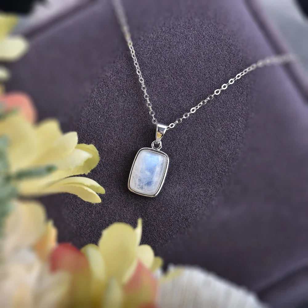 ITSMOS Natural Rainbow Moonstone Sterling Silver/Copper Pendant Necklace rectangle Energy Stone Jewelry for Women Girl Gift