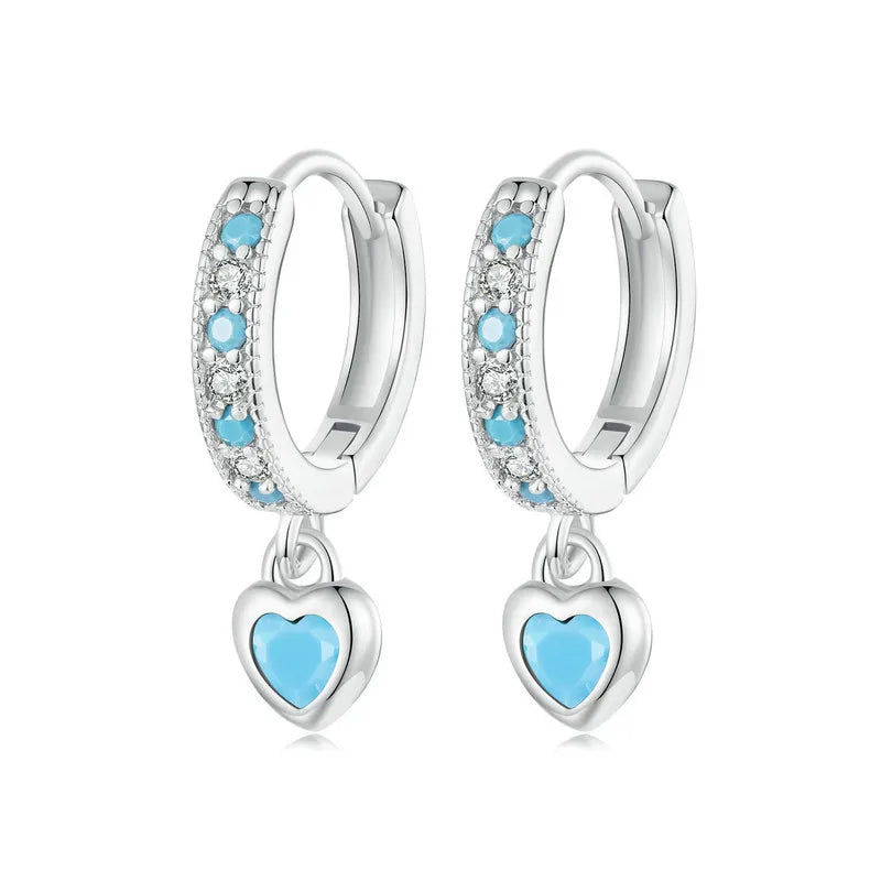 WOSTU 925 Sterling Silver Blue Heart-shaped Turquoise Hoop Earrings For Women Shiny CZ Drop Dangle Earrings Pendientes Jewelry