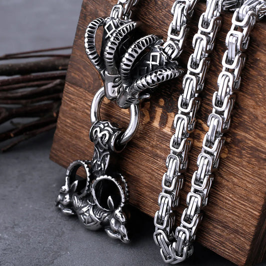 Stainless Steel Viking Thor Hammer Anchor Pendant Ram Rune Necklace Men's Fashion Charm Chain Amulet Nordic Jewelry As A Gift