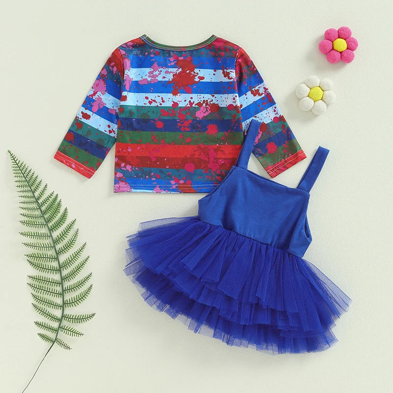 FOCUSNORM 1-5Y Lovely Little Girls Halloween Clothes Sets Bloody Stripe Print Long Sleeve Tops and Lace Tulle Suspender Skirt