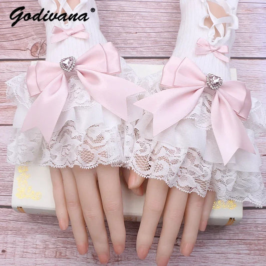 Handmade Sweet Women's Lolita Mine Lace Bow Rhinestone Oversleeves Girls Japanese Style Lace Sleeves Mittens